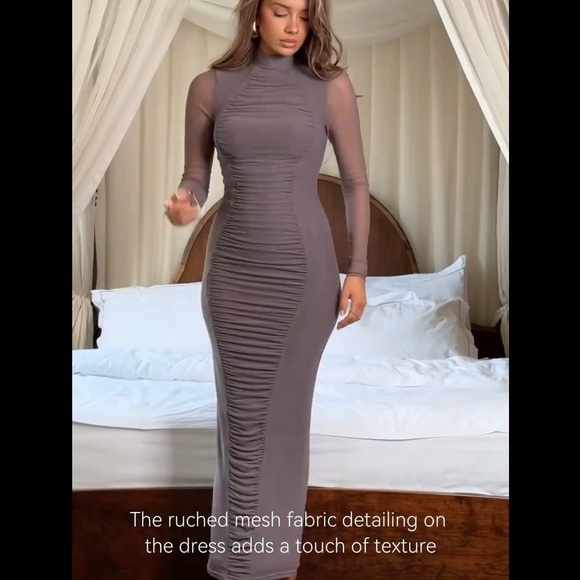 🎉 Captivating Elegant midi dress with mock neck and ruched mesh detailing - Picture 5 of 16